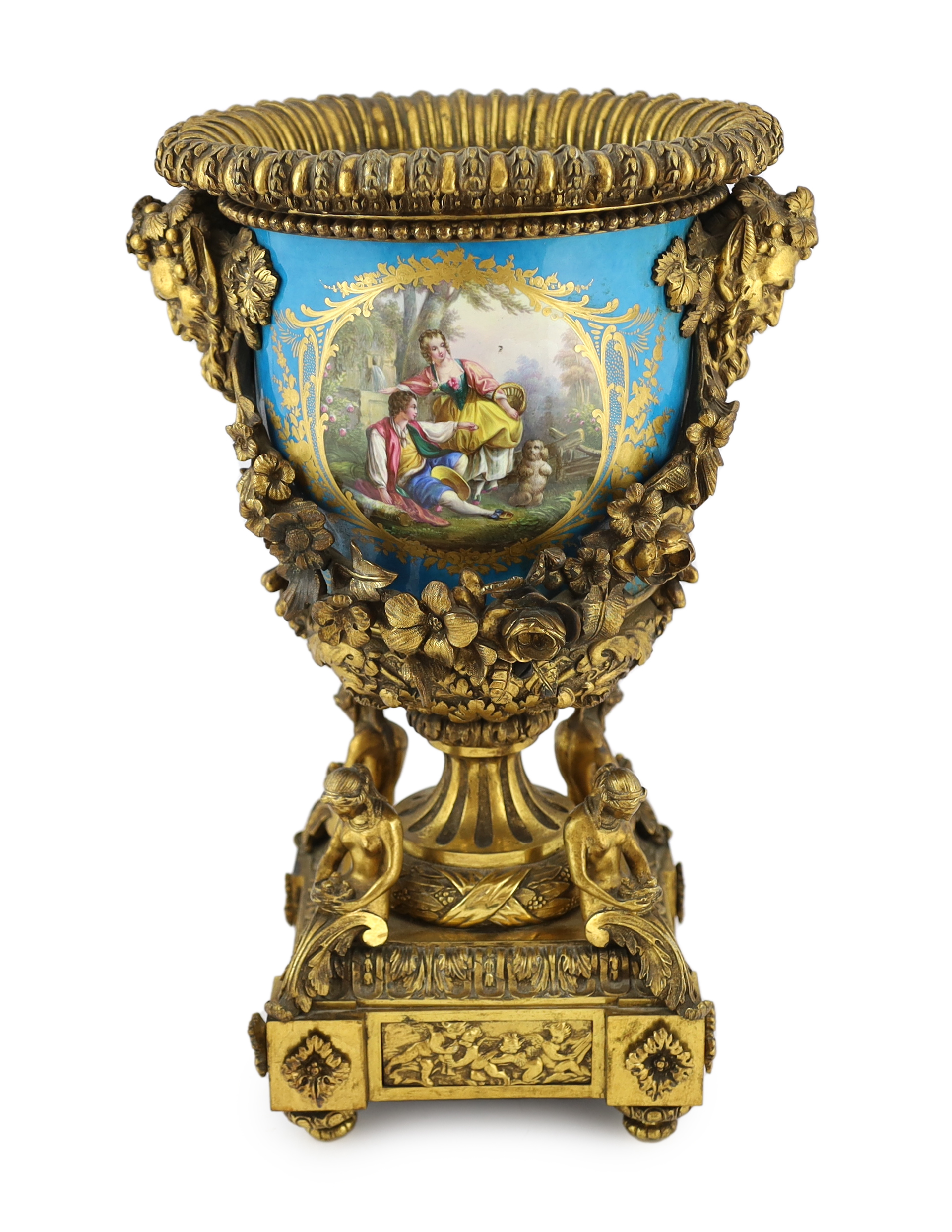 An impressive French Sevres style porcelain and ormolu mounted pedestal vase, 19th century